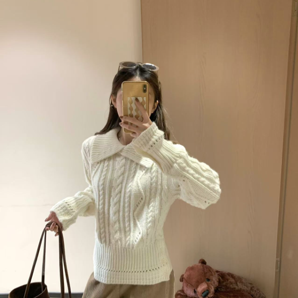 韩11学院风绞花翻领毛衣女冬韩系复古慵懒风减龄针织衫上衣