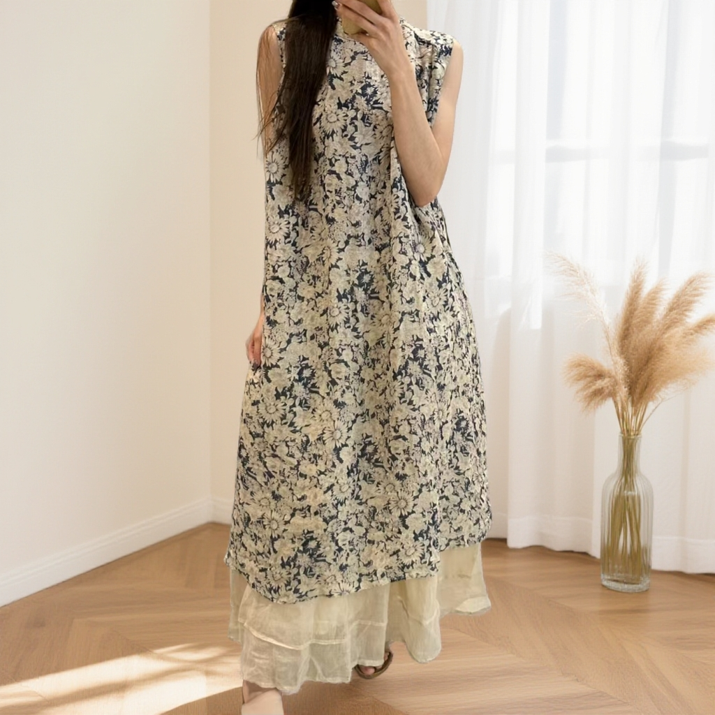 [F001-F200]夏季新款扎染挂脖立领背心后系侧开叉带连衣裙