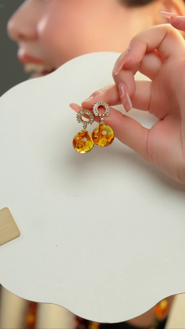 【闪购商品】琥珀（花珀）耳饰银S925镶嵌16+花珀设计款耳坠