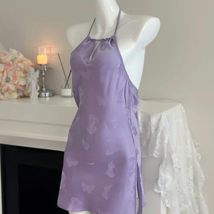 （流光蝴蝶）80-140斤新中式轻奢提花冰丝睡衣纯欲性感露背挂脖睡裙