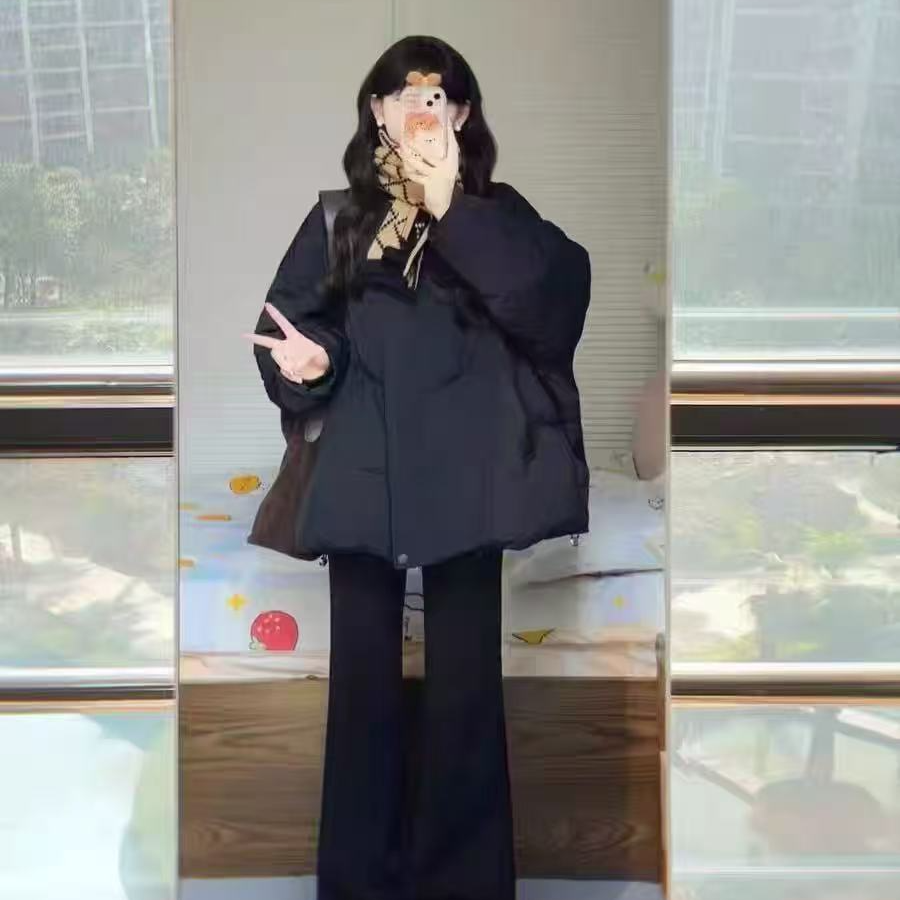 宽松型纯色棉服短款韩版气质小个子常规宽松腰带棉衣