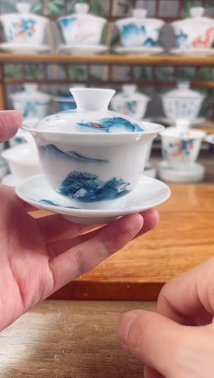 【闪购商品】微瑕千里江山130ml三才盖碗