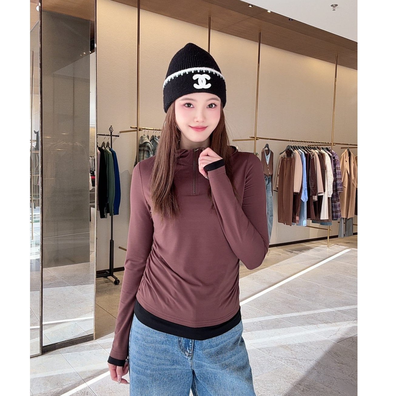 AMASS/阿玛施新款连帽拼色长袖修身显瘦上衣侧捏褶设计卫衣530262