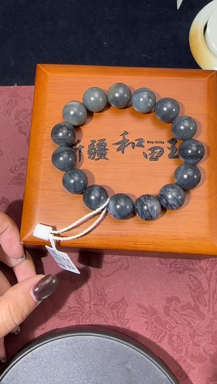 未镶嵌手串和田玉若羌青花微色差卡14圆珠手串