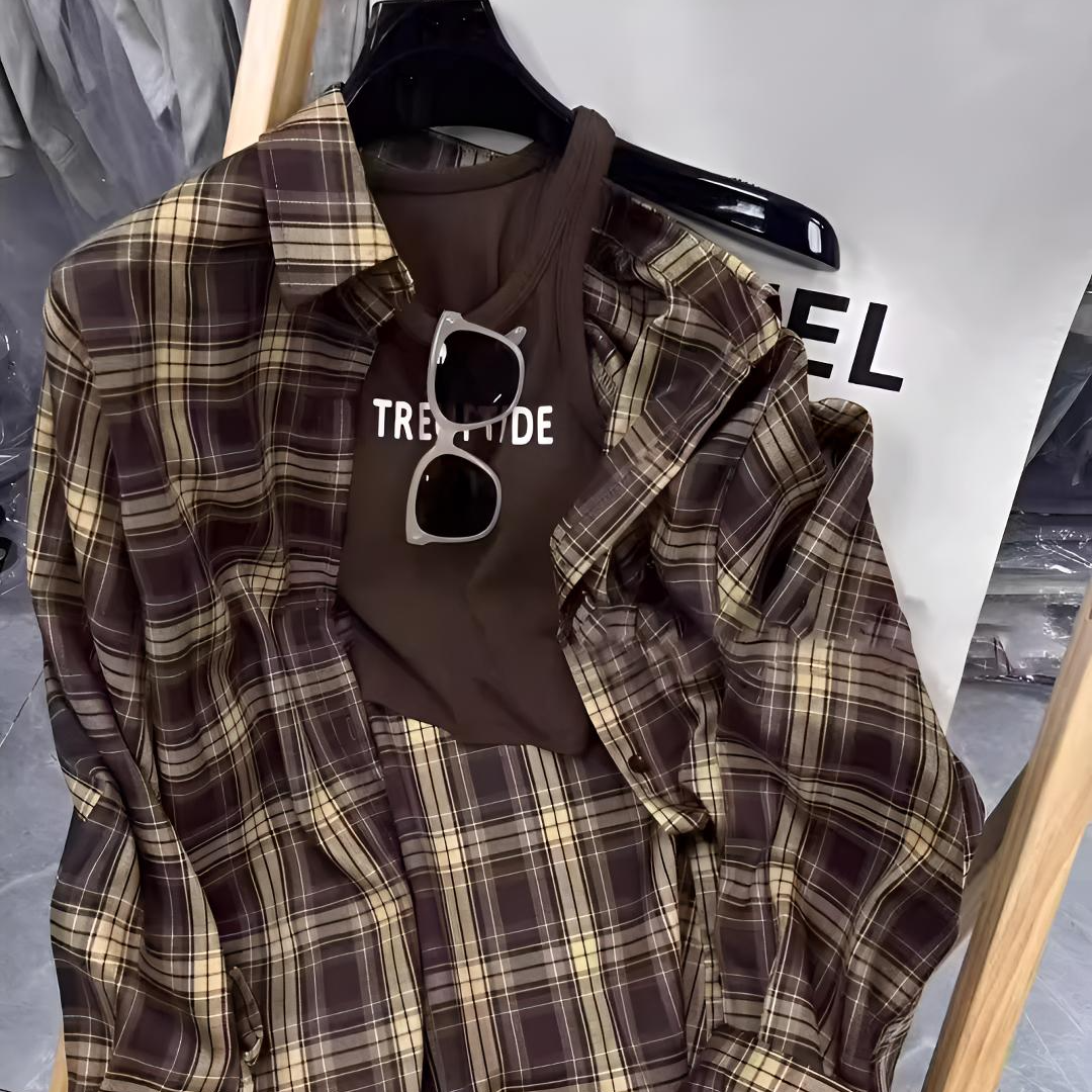 美拉德咖色格子衬衫女早秋韩系穿搭慵懒风衬衣外套小个子上衣开衫