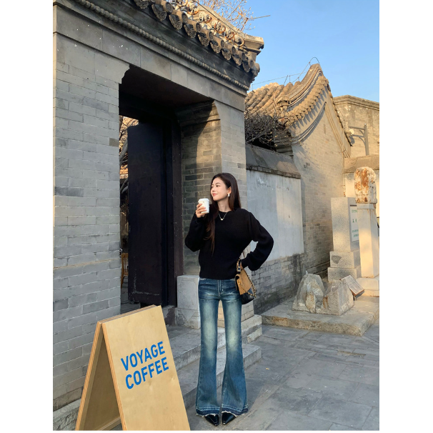 pusumede 都市巡游 重工猫须微喇牛仔裤女气质显瘦低腰拖地长裤