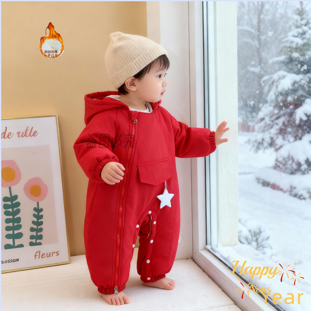 J 新款加绒加厚简约时尚偏襟护肚保暖百天周岁年服外出哈衣Q025