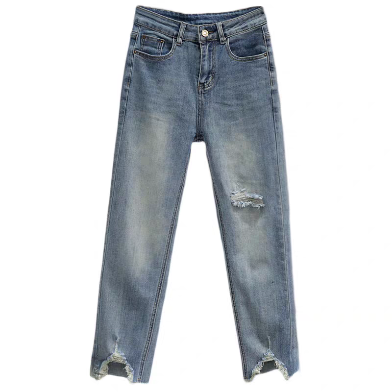 新新定制-高腰复古牛仔裤破洞磨边窄版显瘦直筒裤176217