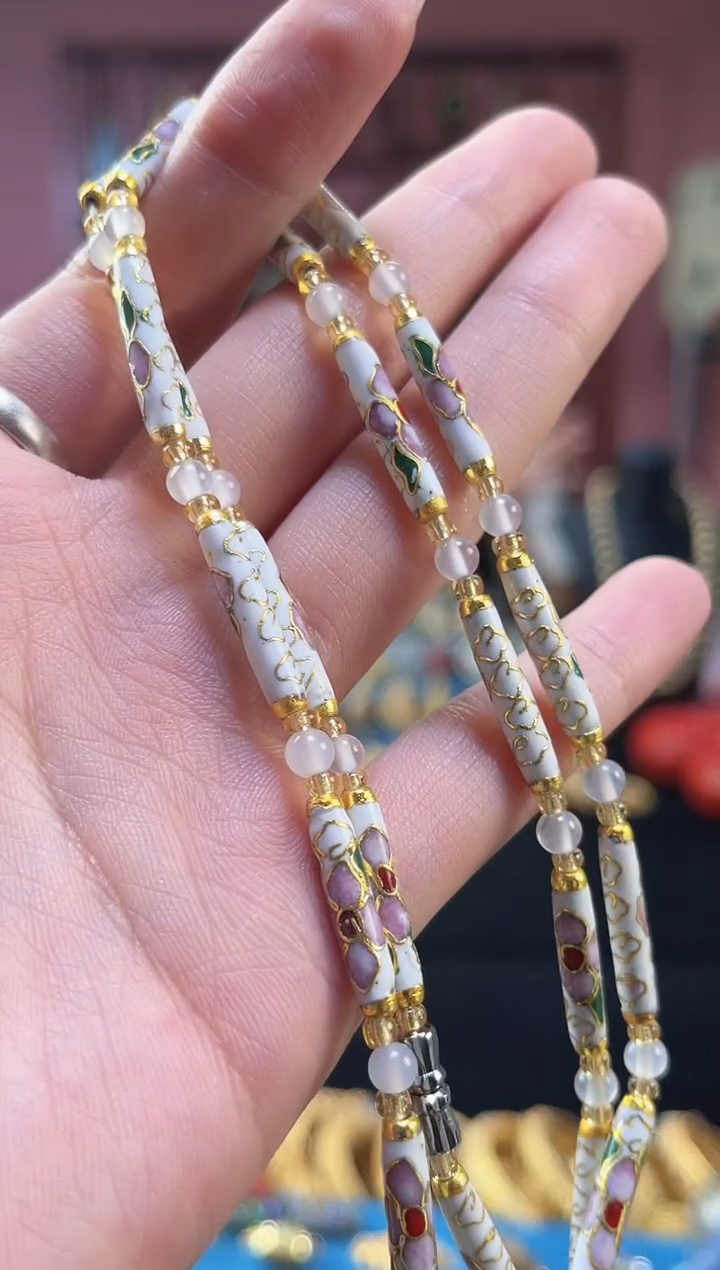 非遗 景泰蓝项链 竹节 白色