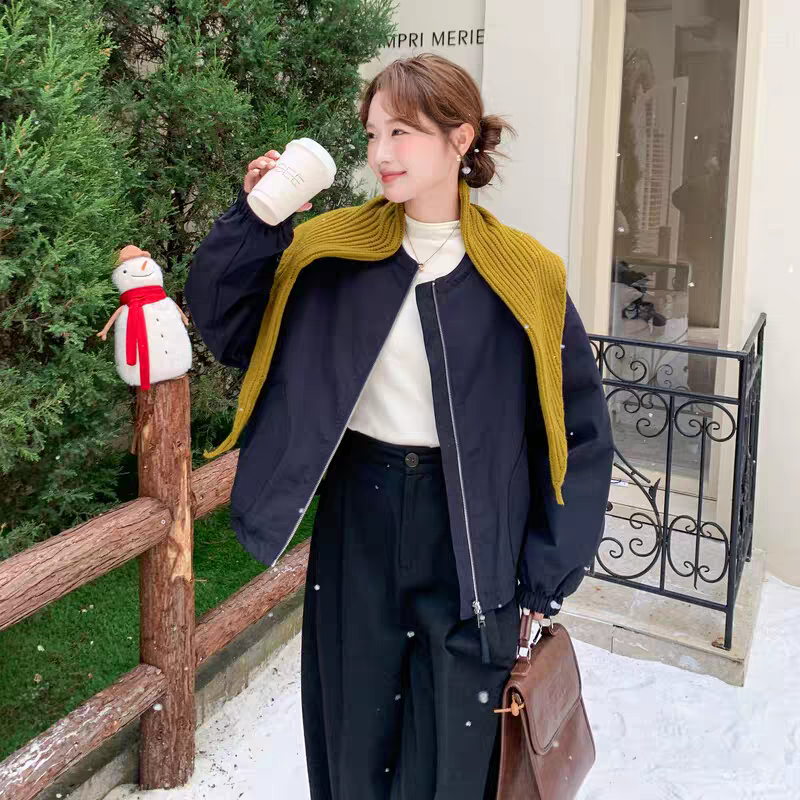 秋冬新款大码967韩系针织披肩短款棉服外套女休闲保暖圆领外套