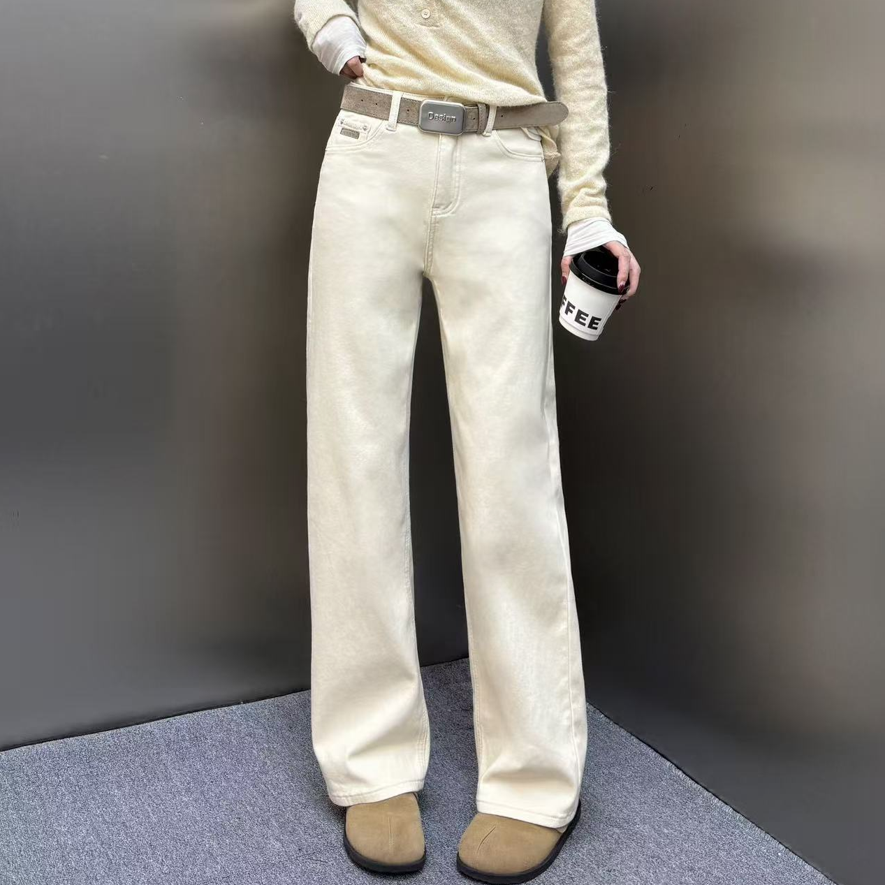 【裤博汇】79603米色织绒外贸订单筷子裤牛仔高腰窄版直筒裤