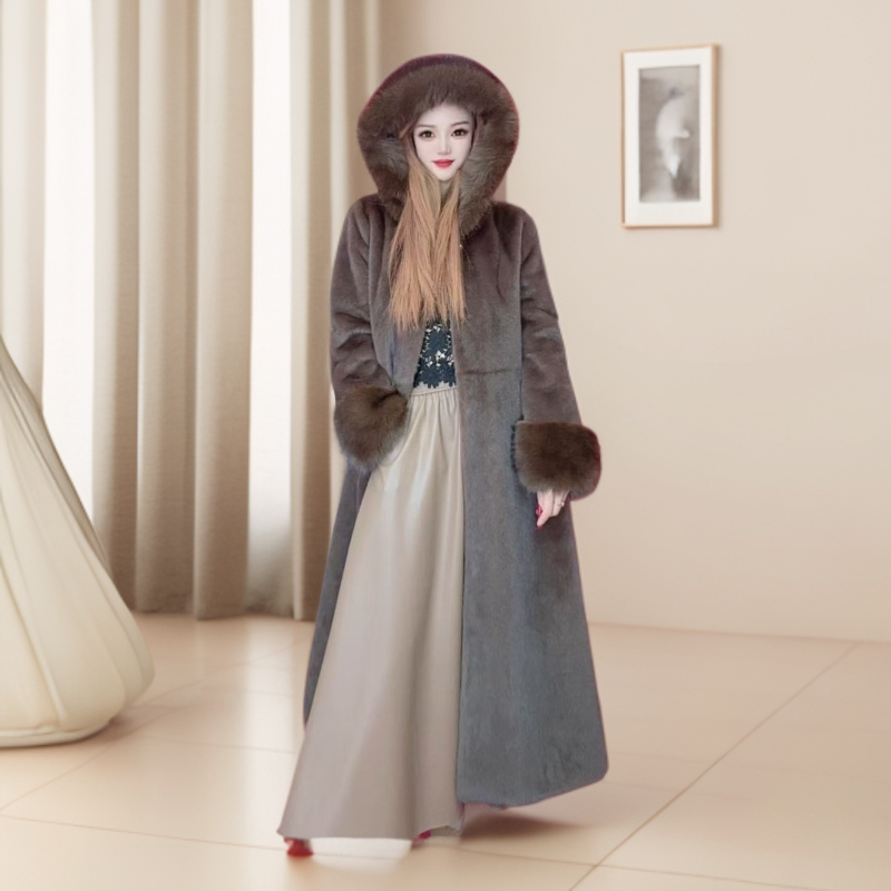 【倾国倾城】保暖厚款中长款法式服装女外套休闲女士连帽毛毛外套