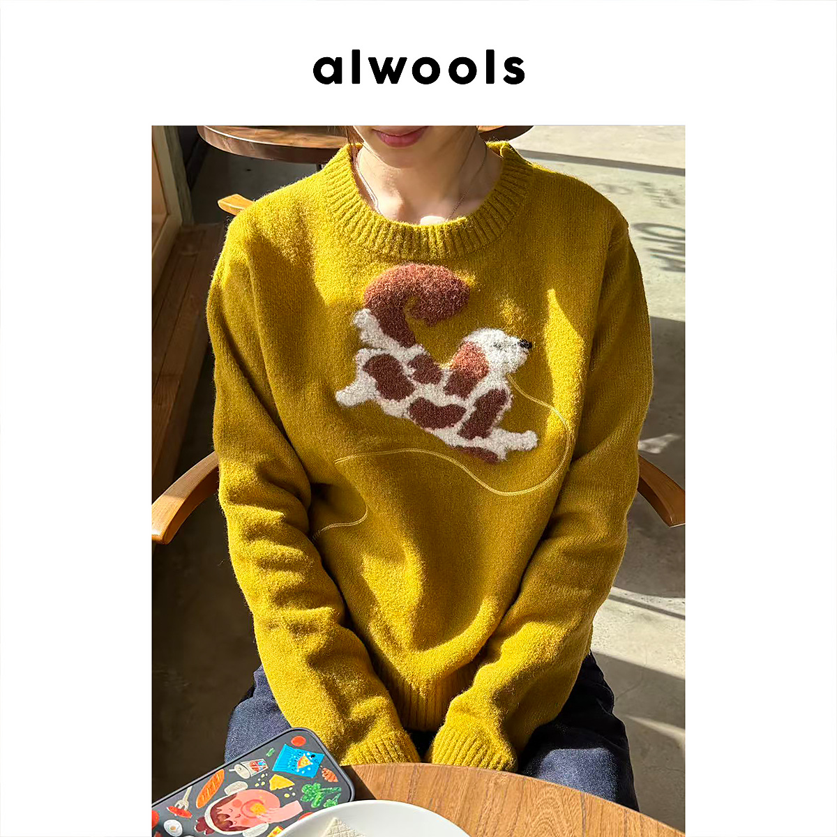 ALWOOLS2025秋冬新品复古趣味条纹小狗套头毛衣