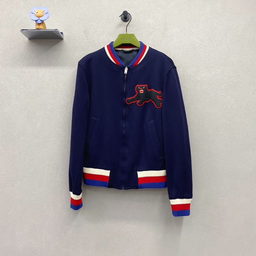 99新 GUCCI/古驰 藏蓝色豹子刺绣外套 时尚百搭/尺码46/QH009980