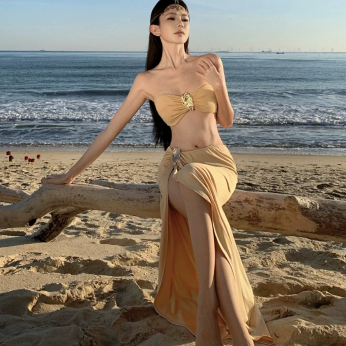 辣妹海边性感抹胸泳衣分体套装裙式开叉半身裙度假沙滩裙女