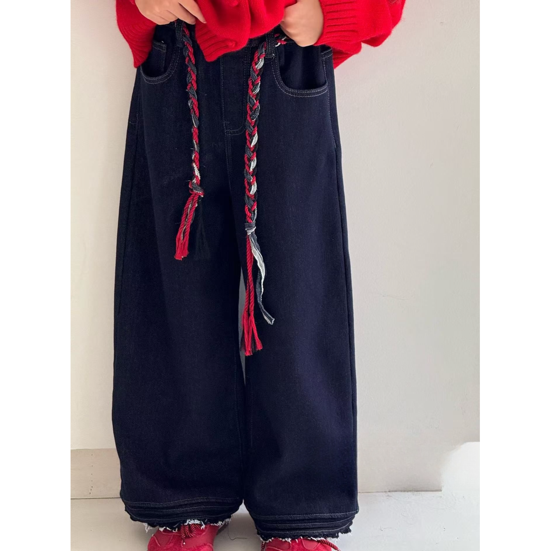 2025冬『时髦精』女童洋气一体绒撞色腰带百搭休闲阔腿牛仔裤7857