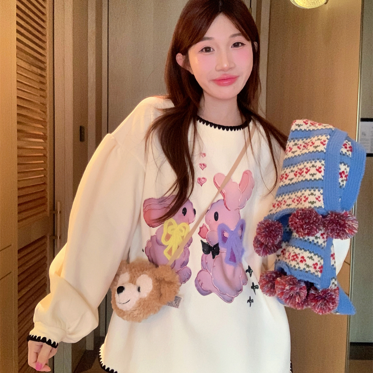 JENNIFER JXLIU韩版冬季可爱卡通小兔子卡通印花加绒宽松厚卫衣女