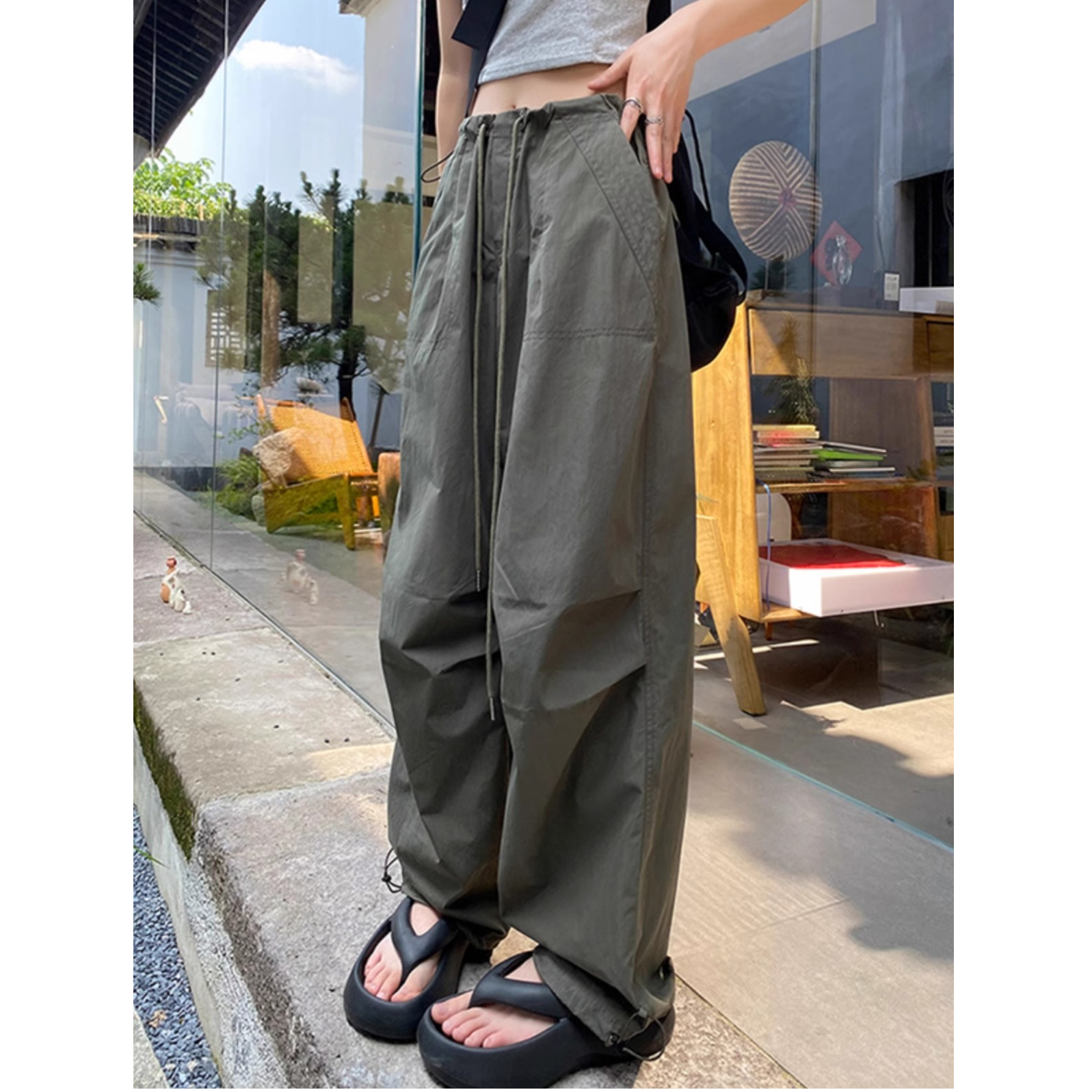 甜酷抽绳高腰休闲裤女春小个子宽松拖地裤垂感工装阔腿裤百搭长裤