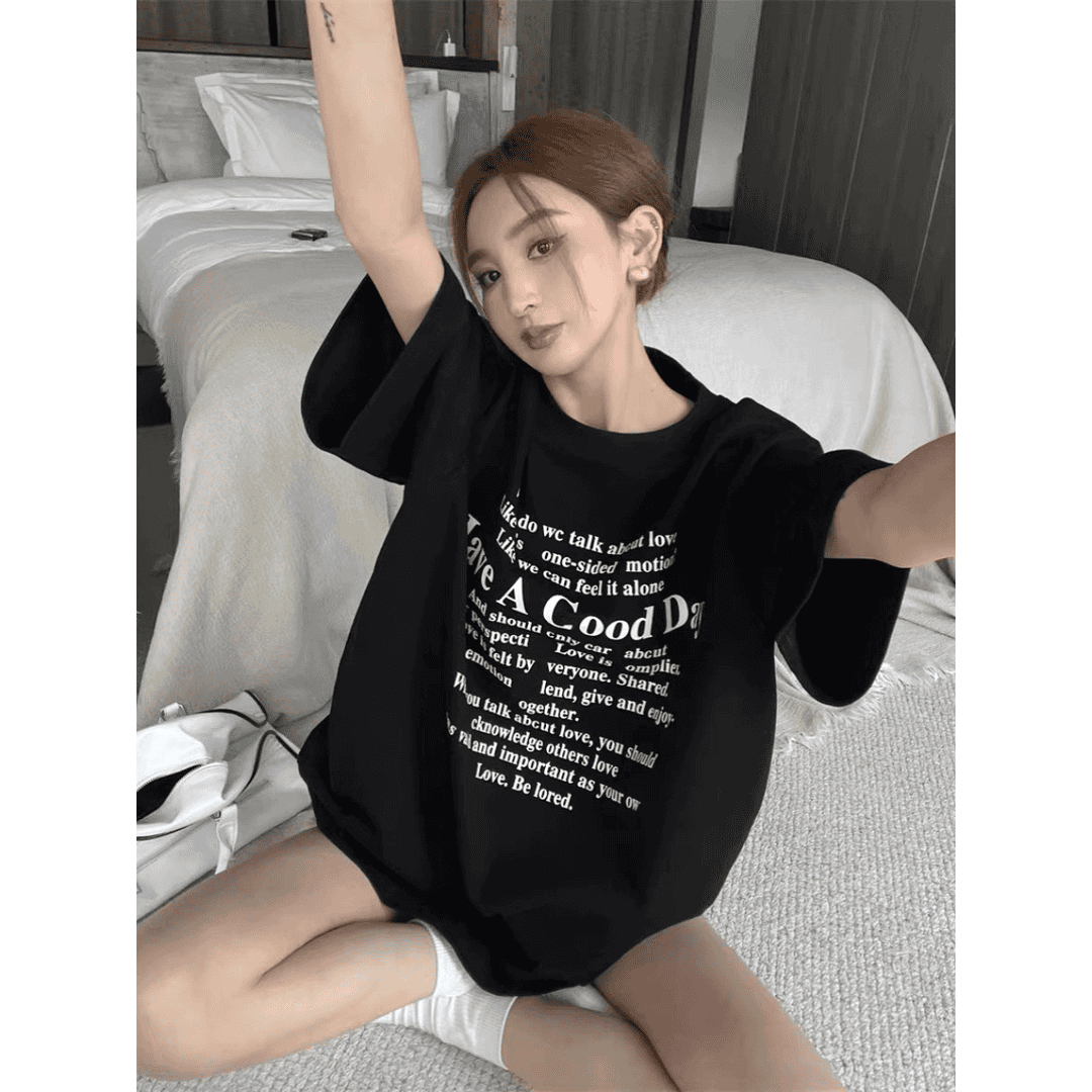 美式辣妹黑色纯棉休闲T恤女大码胖mm宽松慵懒港风中长款小众ins潮