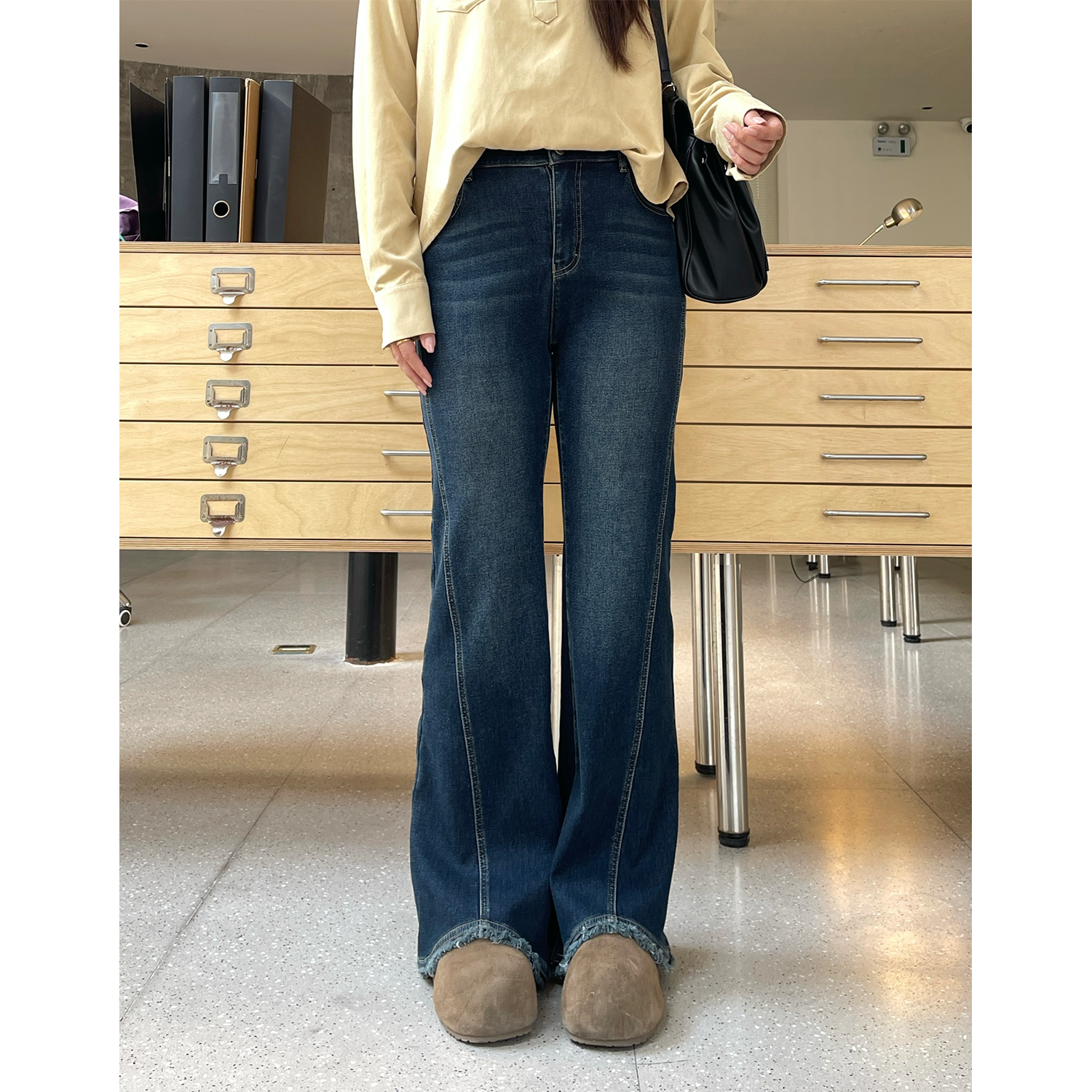 裂渡宣宣【加州牛仔】微胖大码女冬加绒喇叭双版本牛仔裤ZY510V33