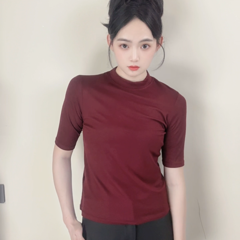 红色半高领中袖内搭T恤女新款修身显瘦纯色打底衫五分袖春秋
