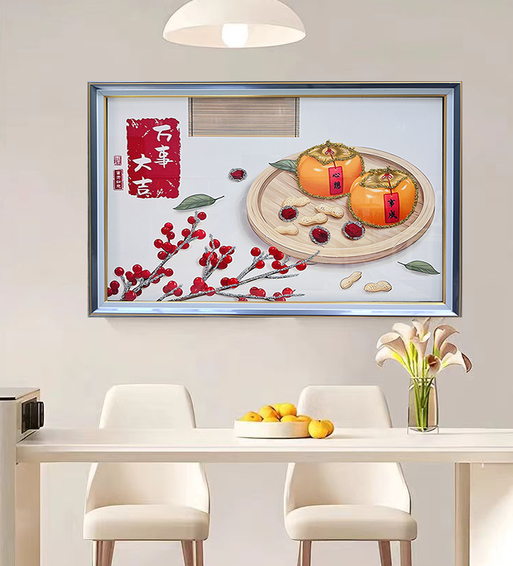 X13新中式万事如意餐厅装饰画横版挂画寓意好餐桌画玻璃装裱挂画
