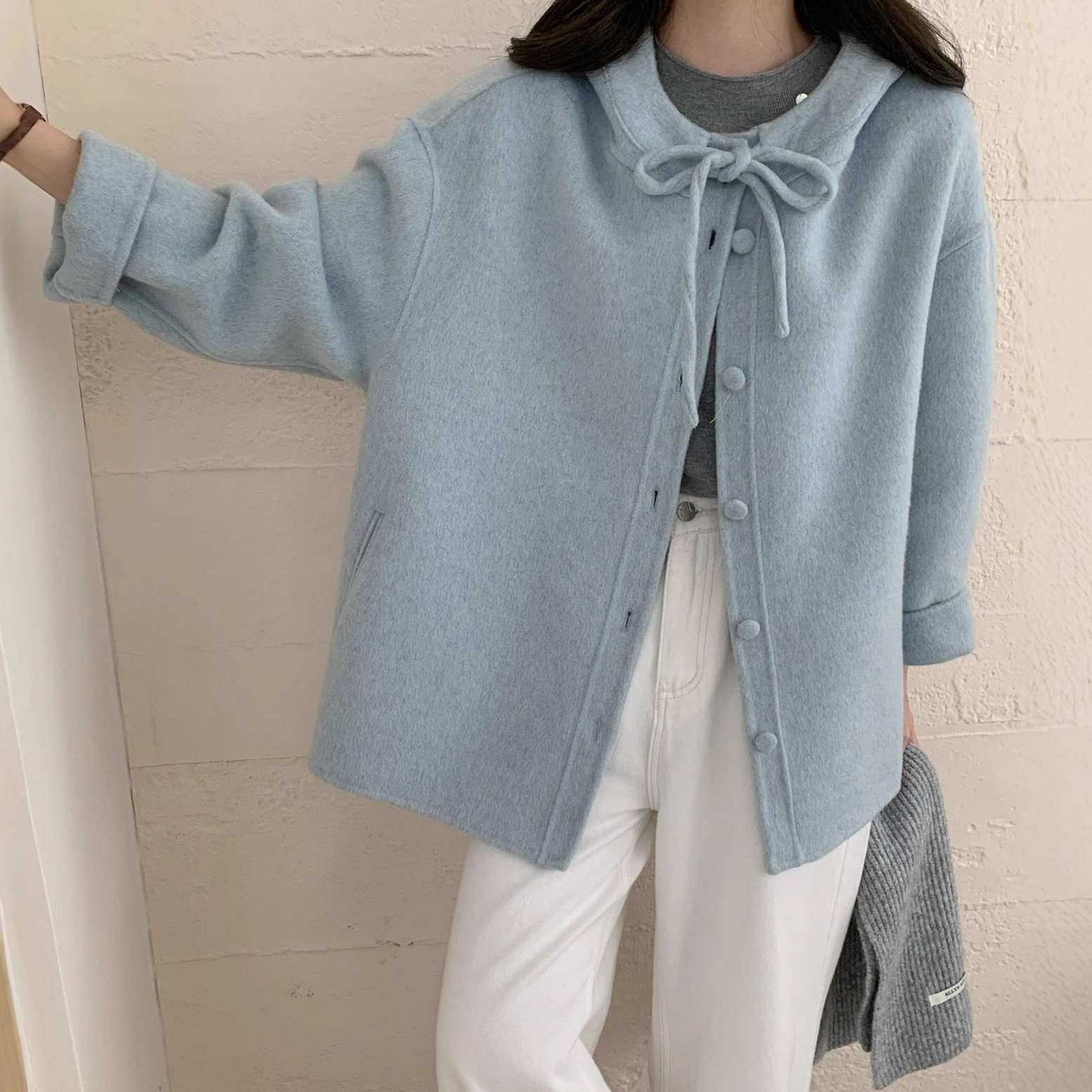 秋冬新款蝴蝶结连帽韩版宽松双面羊毛大衣女毛呢外套