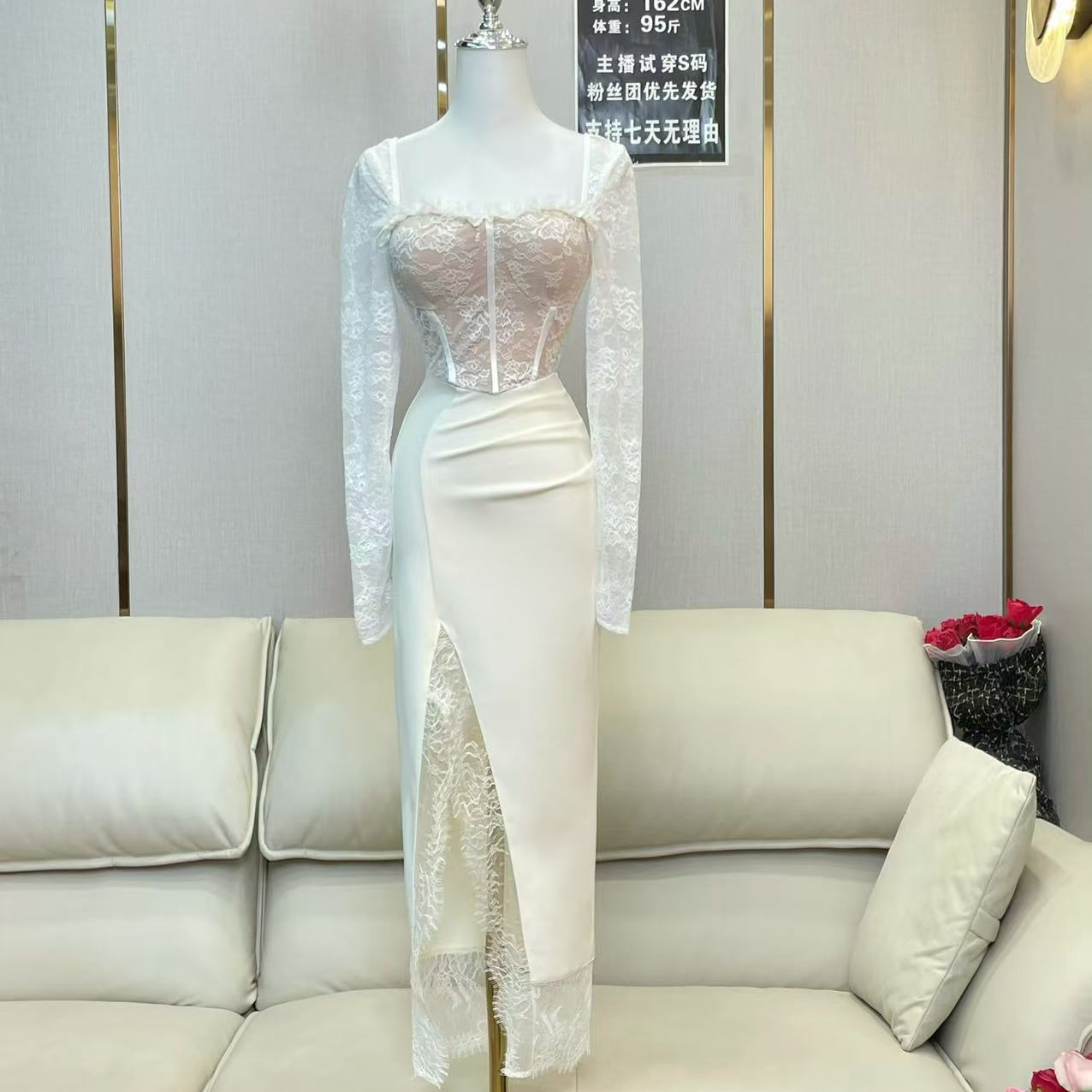 BECHARMING「心动诠释」时尚气质蕾丝拼接法式修身连衣裙Q0922