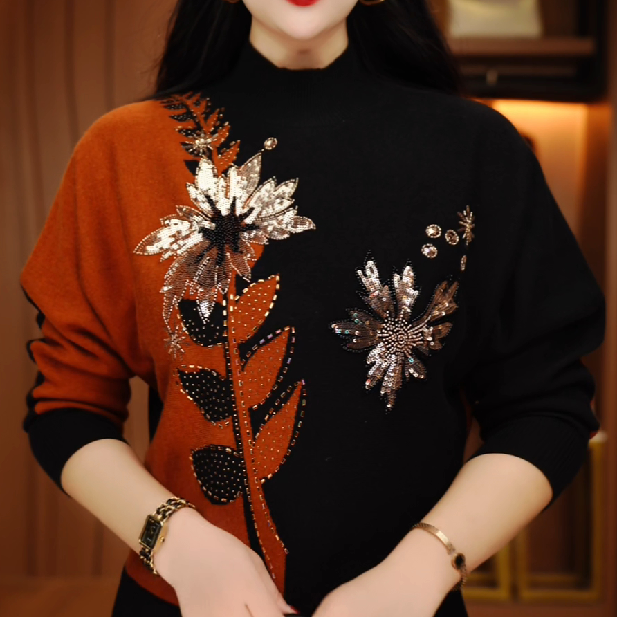 秋冬新款百搭显瘦减龄舒适透气女针织提花圆领衫上衣-D251792