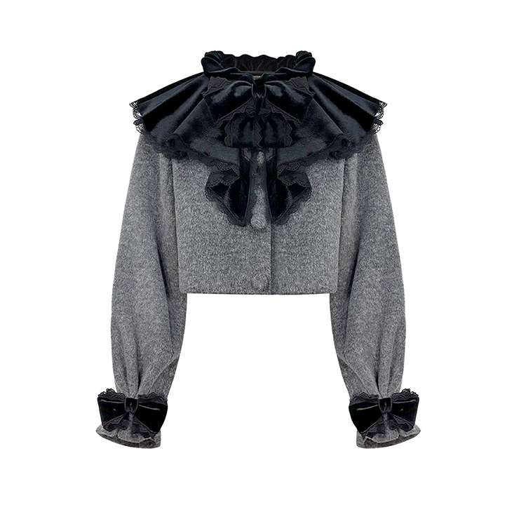 姜穹JIANGQIONG荷叶边领蝴蝶结蕾丝花边饰毛呢短外套