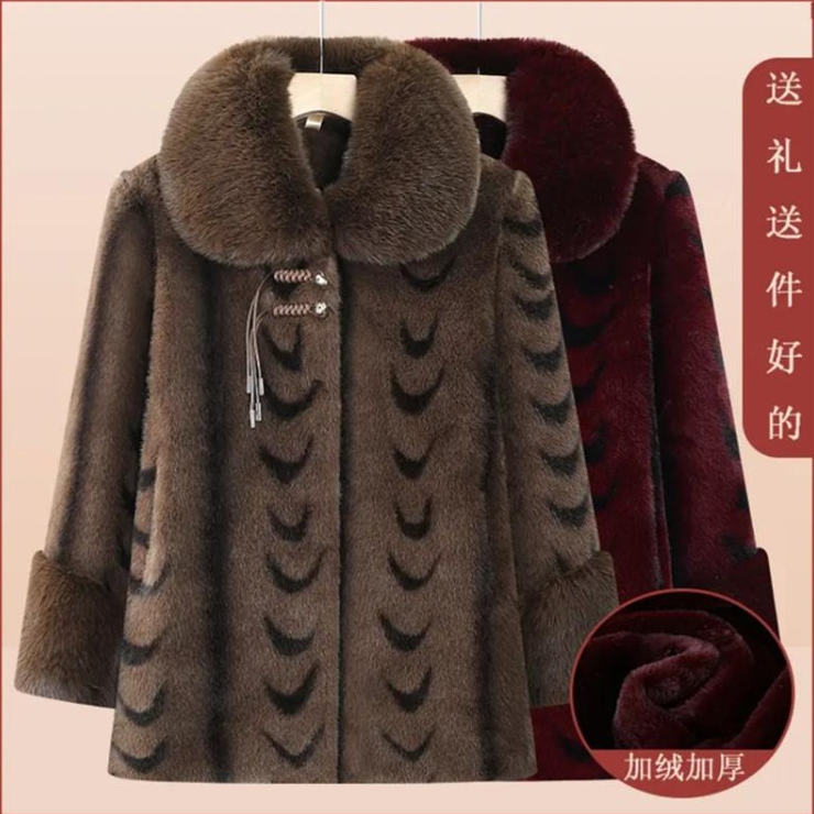 中老年冬季妈妈冬装高端女装加绒加厚保暖外套奶奶中长款大衣棉衣