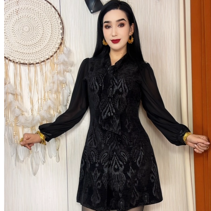 40短裙摆拼接长袖不褪色长裙连衣裙流苏提花修身设计师