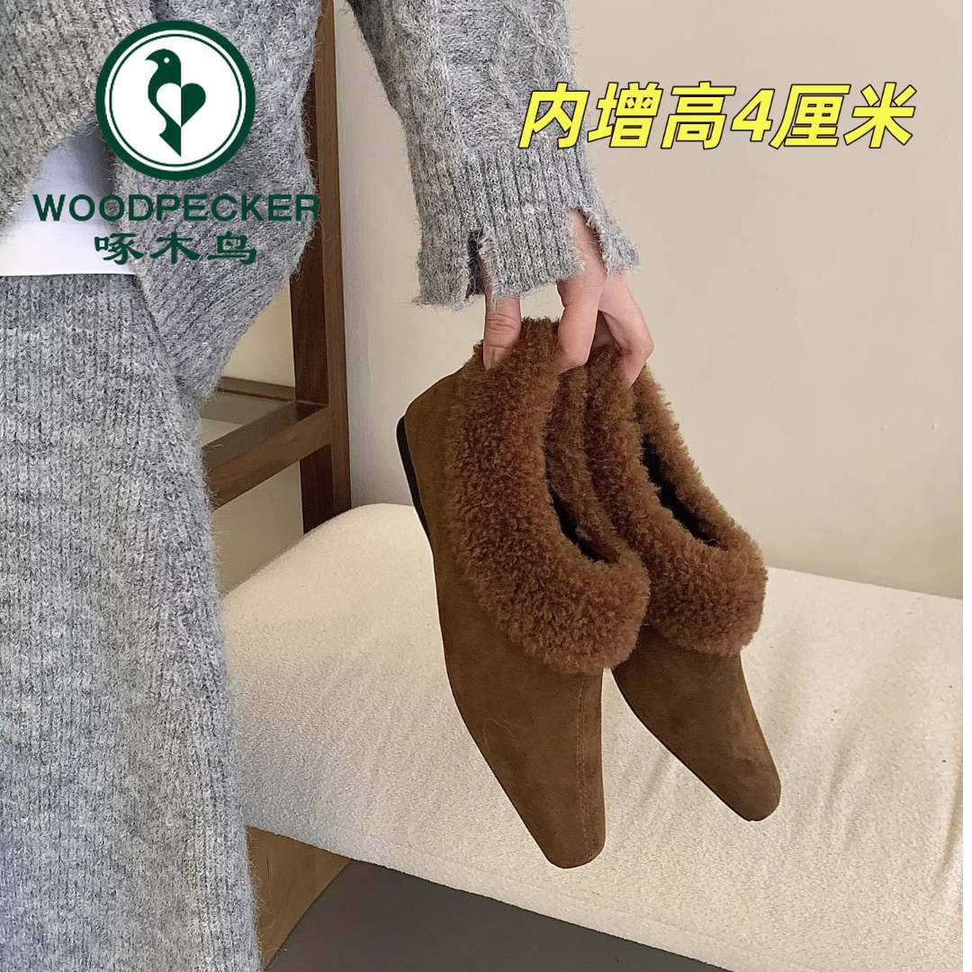 【啄木鸟】法式内增高4cm小众尖头单鞋秋冬加绒保暖玛丽珍鞋晚晚鞋
