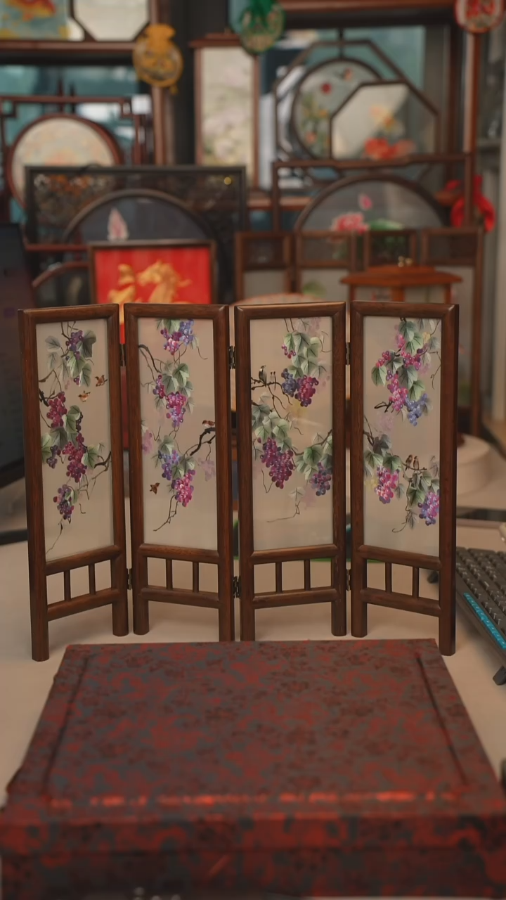 扇子胡桃木四联屏风 高度35CM 宽度45CM