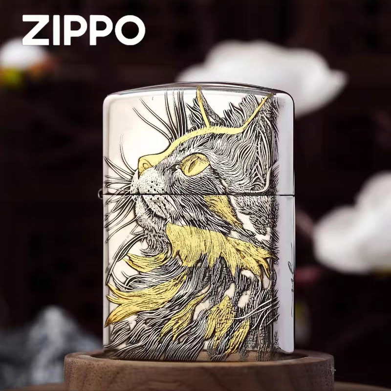 Zippo打火机正版鹰皇盔甲鎏金仰望睡猫加厚外壳防风男士送礼DYJ1