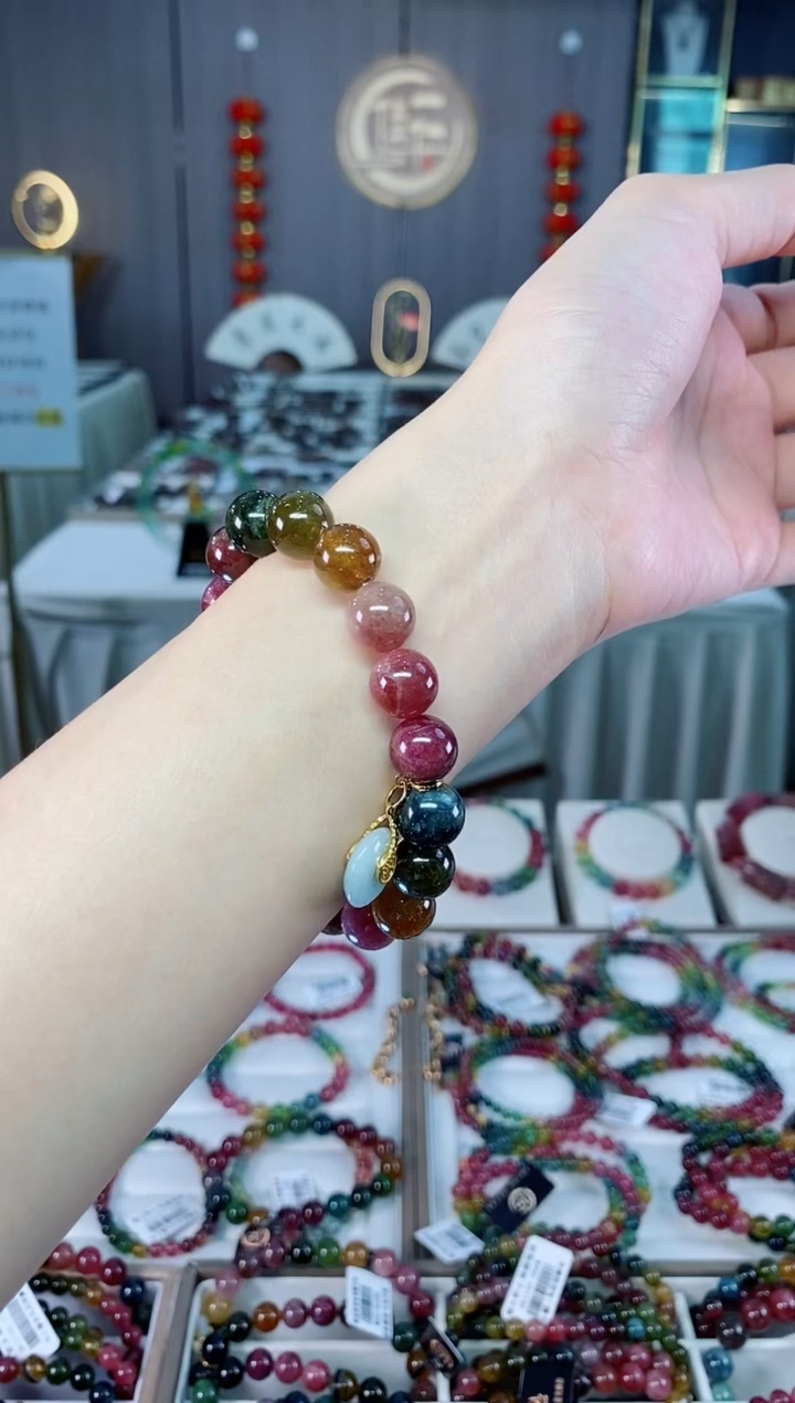 老矿碧玺色标彩虹油料单圈手串10mm+未镶嵌碧玺dan多样性发货一条