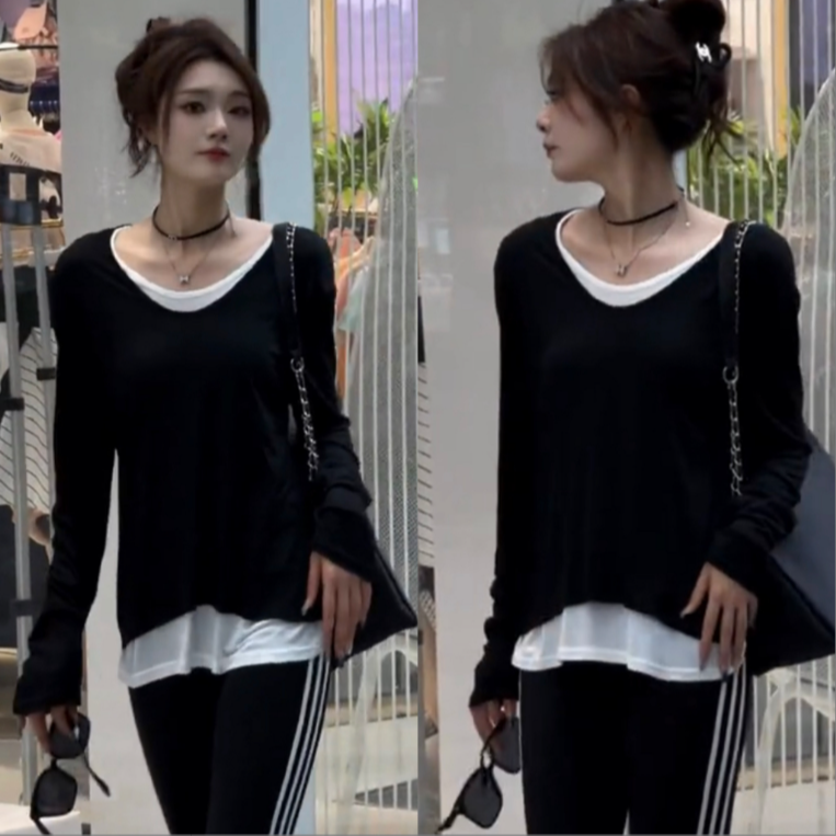 827春夏季新款超薄假两件T女长袖T恤宽松显瘦慵懒风防晒衫潮气质