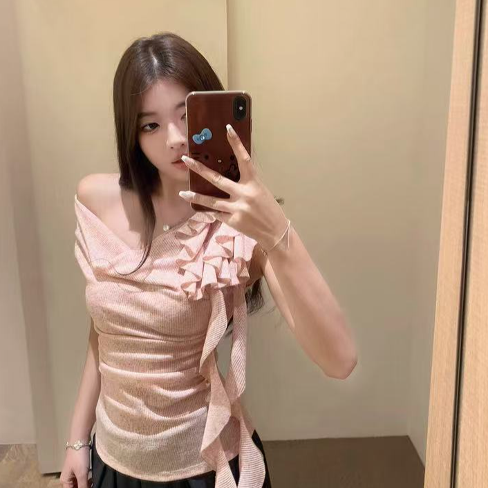 "粉莓杏茶"荡领飘带花朵斜肩一字肩短袖T恤女夏收腰褶皱背心上衣