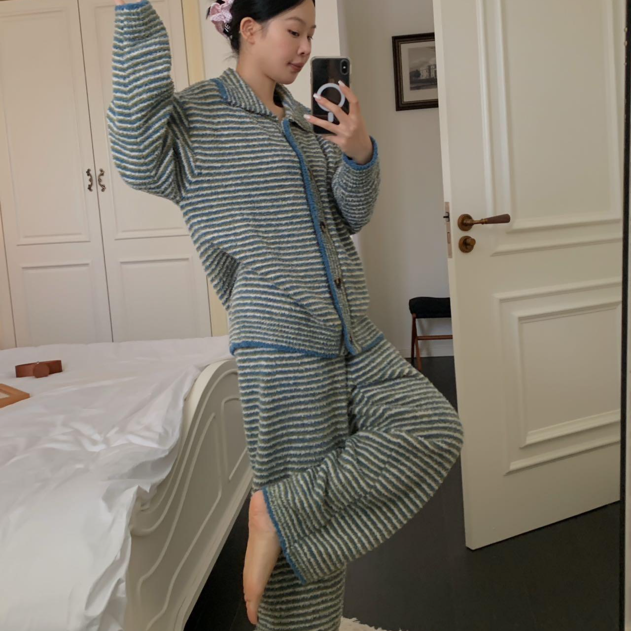 半边绒条纹开衫娃娃领长袖冬季保暖睡衣家居服可外穿套装冬小香风