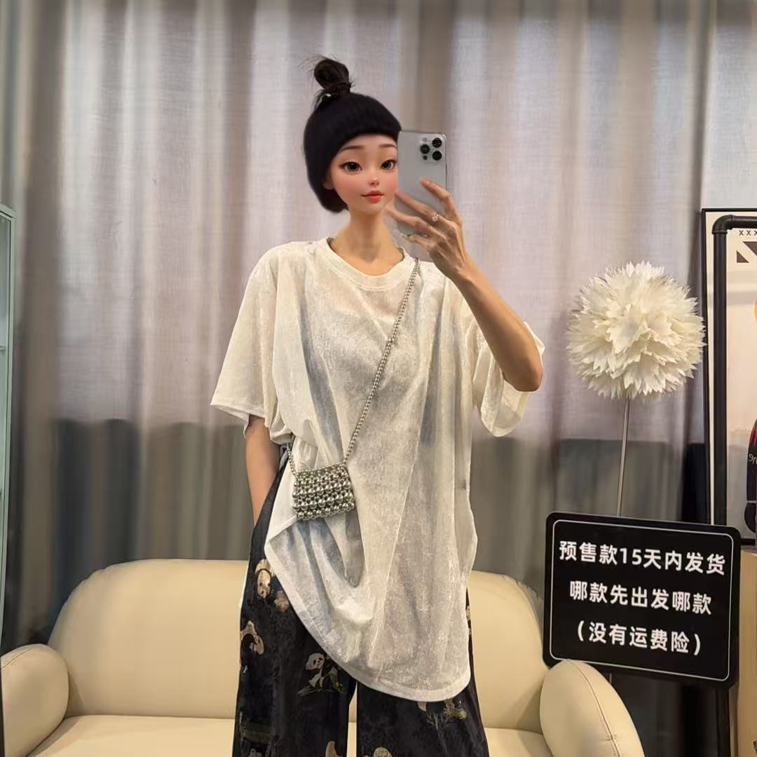 【文乐乐】夏季新款高级个性慵懒风时尚休闲潮流宽松版绒绒T恤3575
