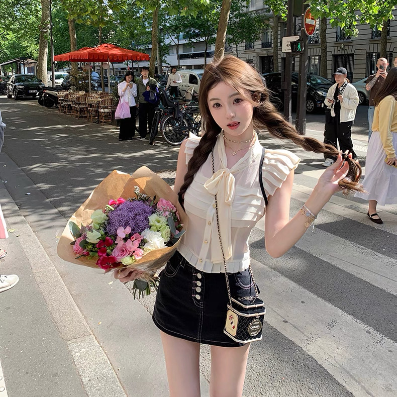 【巴黎香香日记】韩系甜美蝴蝶结中古小香衬衫收腰上衣女配显瘦裙裤