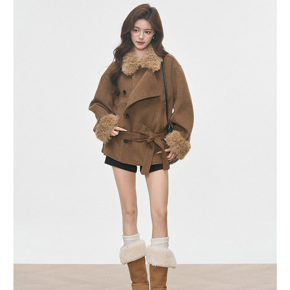 炽铂2025秋冬新款 毛领加厚毛呢大衣外套女士小个子高级时尚穿搭