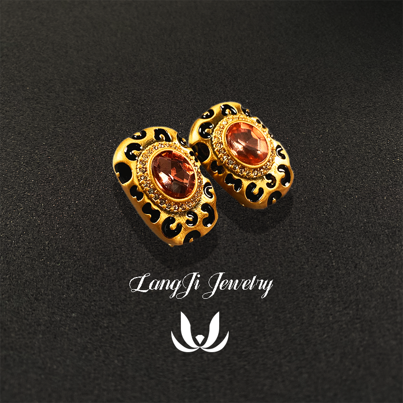 铜合金珐琅耳饰 复古珐琅彩工艺莱茵石耳钉