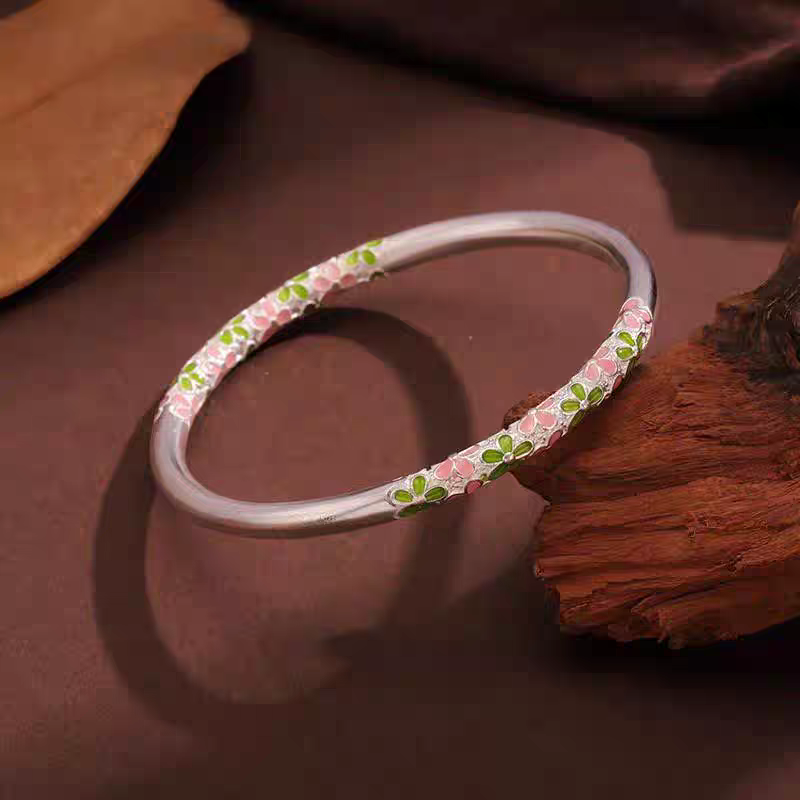 非金属珐琅手镯 999.9银梅花珐琅彩卷草纹手镯