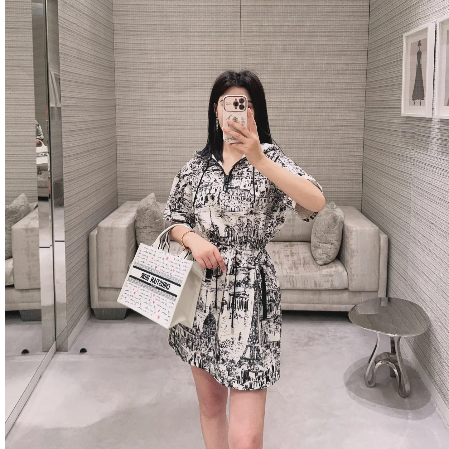 未使用 DIOR/迪奥 JJ-X13977 拼色巴黎建筑满印半拉链式连衣裙