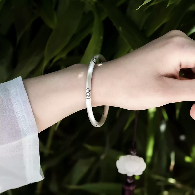 足银手镯 32号链接【多福梅花】足银999.9手镯带证书礼盒包装