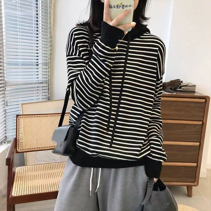 春季新款韩版经典条纹撞色百搭宽松连帽套头针织衫毛衣女1006