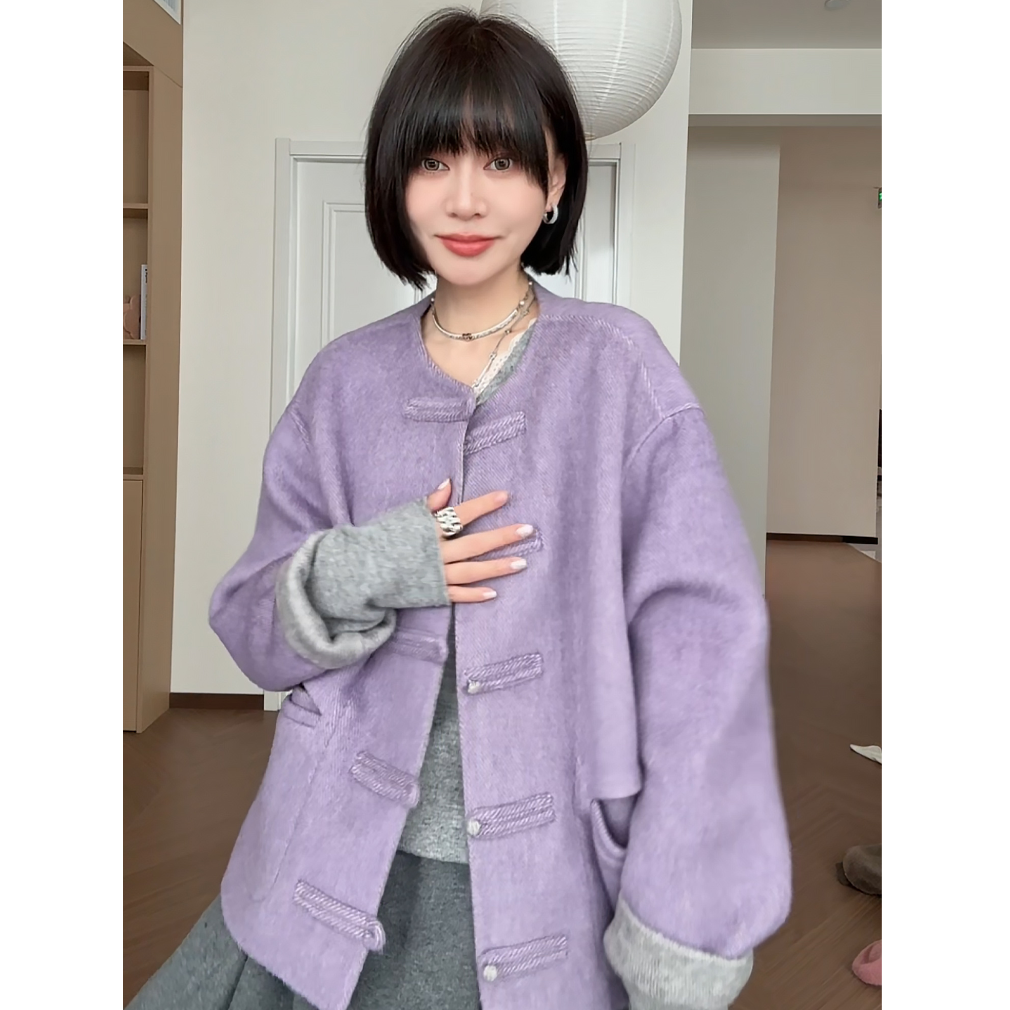 【焦糖芋泥】双面穿羊毛兔毛桑蚕丝新中式国风盘扣毛呢外套女