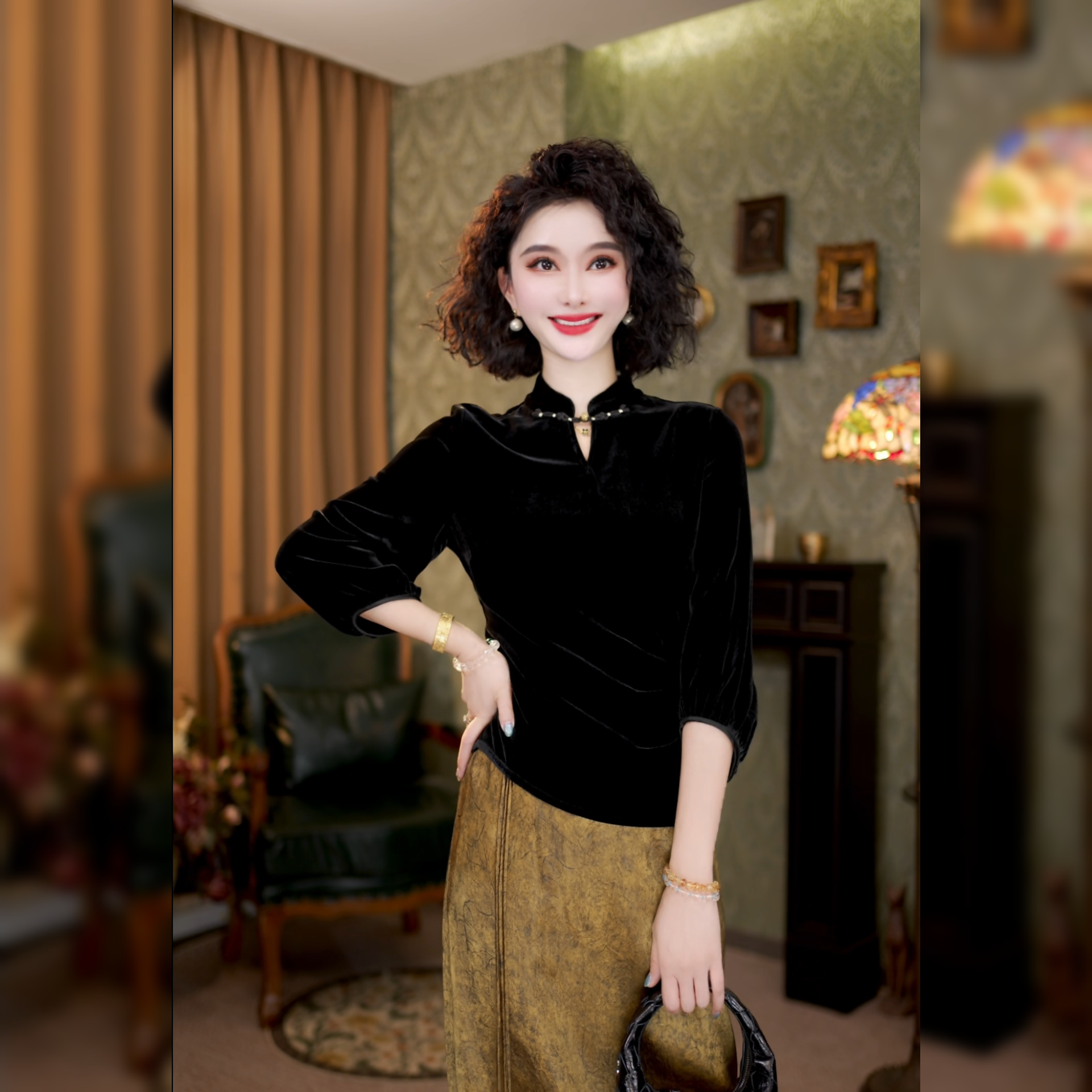 100%真丝丝绒新中式长袖立领中式7分袖时尚女装上衣LYGSY2056