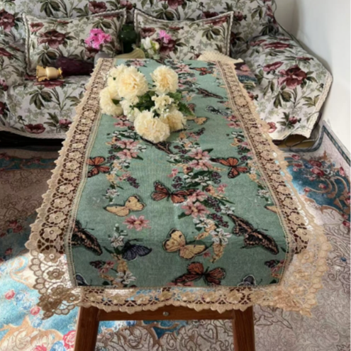 ZN111-14棉麻【60*150】绿蝴蝶水溶花边棉麻交织布桌布